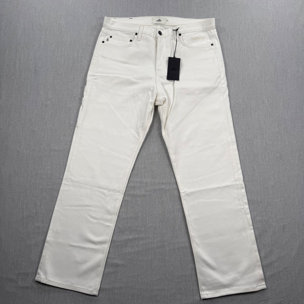 100 Thieves Men Off White Carpenter Denim Pants Size 34 Cream Straight‎ Leg New